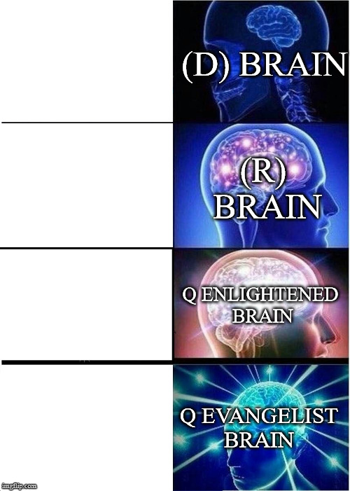 Expanding Brain Meme | (D) BRAIN; (R) BRAIN; Q ENLIGHTENED BRAIN; Q EVANGELIST BRAIN | image tagged in memes,expanding brain | made w/ Imgflip meme maker