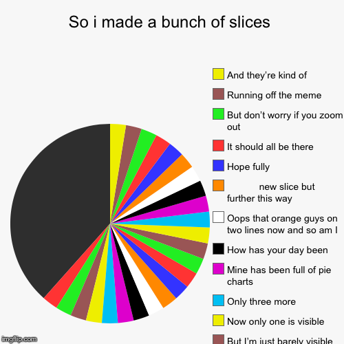So i made a bunch of slices | Unimited slices, But I’m just barely visible , Now only one is visible, Only three more, Mine has been full of | image tagged in funny,pie charts | made w/ Imgflip chart maker