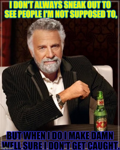The Most Interesting Man In The World | I DON'T ALWAYS SNEAK OUT TO SEE PEOPLE I'M NOT SUPPOSED TO, BUT WHEN I DO I MAKE DAMN WELL SURE I DON'T GET CAUGHT. | image tagged in memes,the most interesting man in the world | made w/ Imgflip meme maker