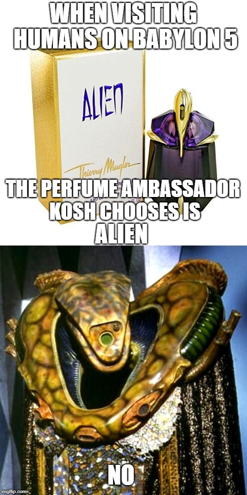 Alien Perfume. The Perfect Choice for Vorlons. Ambassador Kosh Babylon 5 | WHEN VISITING HUMANS ON BABYLON 5; THE PERFUME AMBASSADOR KOSH CHOOSES IS; ALIEN; NO | image tagged in kosh,ambassador kosh,alien,aliens,alien perfume,babylon 5 | made w/ Imgflip meme maker