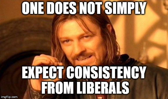 One Does Not Simply Meme | ONE DOES NOT SIMPLY EXPECT CONSISTENCY FROM LIBERALS | image tagged in memes,one does not simply | made w/ Imgflip meme maker
