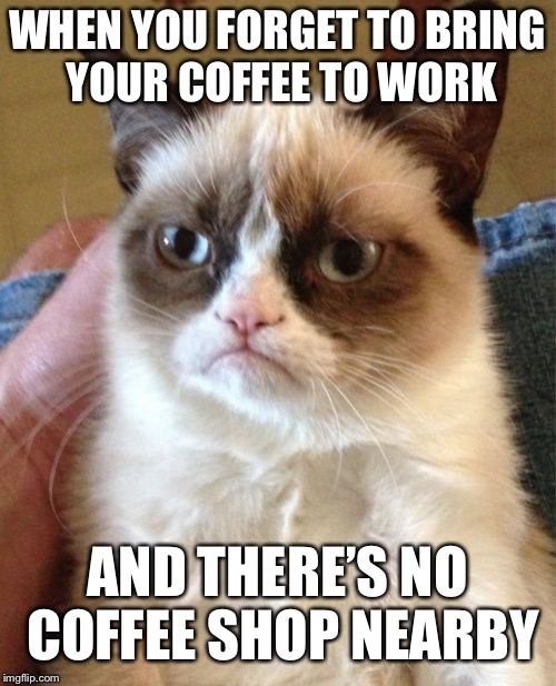 Grumpy cat needs his coffee | WHEN YOU FORGET TO BRING YOUR COFFEE TO WORK; AND THERE’S NO COFFEE SHOP NEARBY | image tagged in memes,grumpy cat | made w/ Imgflip meme maker