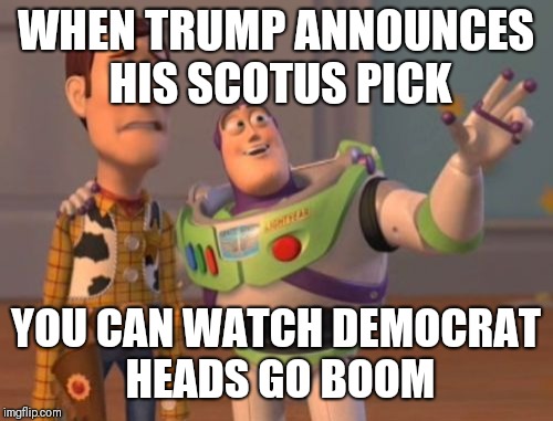 X, X Everywhere | WHEN TRUMP ANNOUNCES HIS SCOTUS PICK; YOU CAN WATCH DEMOCRAT HEADS GO BOOM | image tagged in memes,x x everywhere | made w/ Imgflip meme maker