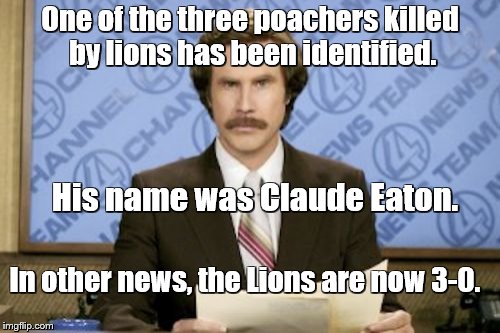 Some poachers were eaten by lions the other day | One of the three poachers killed by lions has been identified. His name was Claude Eaton. In other news, the Lions are now 3-0. | image tagged in memes,ron burgundy,lions,bad puns,detroit lions | made w/ Imgflip meme maker