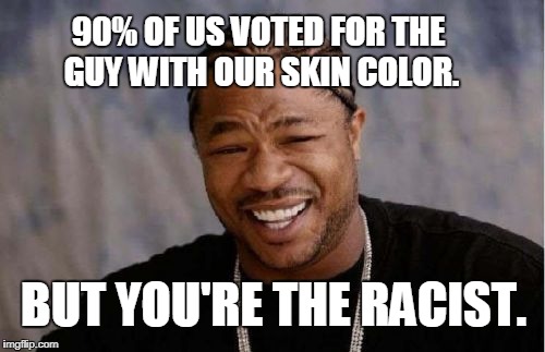 Thank you for your honesty. | 90% OF US VOTED FOR THE GUY WITH OUR SKIN COLOR. BUT YOU'RE THE RACIST. | image tagged in memes,yo dawg heard you,racist | made w/ Imgflip meme maker
