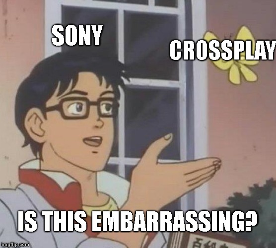 Is This A Pigeon Meme | SONY; CROSSPLAY; IS THIS EMBARRASSING? | image tagged in memes,is this a pigeon | made w/ Imgflip meme maker