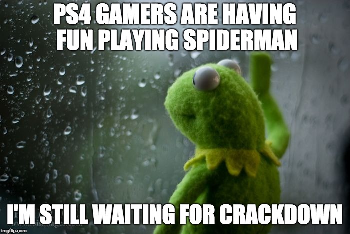 kermit window | PS4 GAMERS ARE HAVING FUN PLAYING SPIDERMAN; I'M STILL WAITING FOR CRACKDOWN | image tagged in kermit window | made w/ Imgflip meme maker