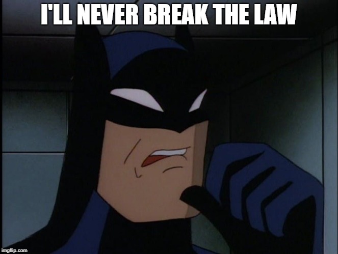 Batman Cringe | I'LL NEVER BREAK THE LAW | image tagged in batman cringe | made w/ Imgflip meme maker