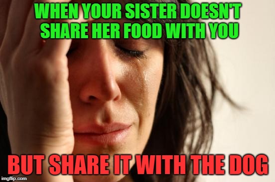 First World Problems Meme | WHEN YOUR SISTER DOESN'T SHARE HER FOOD WITH YOU; BUT SHARE IT WITH THE DOG | image tagged in memes,first world problems | made w/ Imgflip meme maker