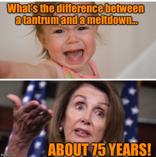 SCOTUS meltdown |  What’s the difference between a tantrum and a meltdown... ABOUT 75 YEARS! | image tagged in political meme,nancy pelosi,tantrum,scotus | made w/ Imgflip meme maker