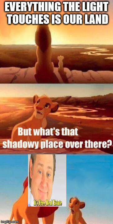 Simba Shadowy Place Meme | EVERYTHING THE LIGHT TOUCHES IS OUR LAND | image tagged in memes,simba shadowy place | made w/ Imgflip meme maker