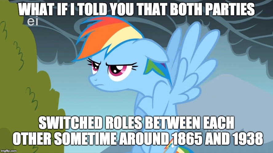Grumpy Pony | WHAT IF I TOLD YOU THAT BOTH PARTIES SWITCHED ROLES BETWEEN EACH OTHER SOMETIME AROUND 1865 AND 1938 | image tagged in grumpy pony | made w/ Imgflip meme maker