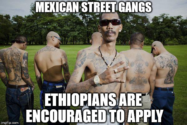 Eat a taco, ese! | MEXICAN STREET GANGS; ETHIOPIANS ARE ENCOURAGED TO APPLY | image tagged in mexican gang members | made w/ Imgflip meme maker
