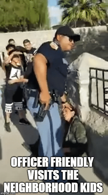 OFFICER FRIENDLY VISITS THE NEIGHBORHOOD KIDS | image tagged in gifs | made w/ Imgflip video-to-gif maker