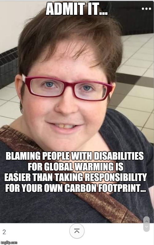 Ableist Becky | ADMIT IT... BLAMING PEOPLE WITH DISABILITIES FOR GLOBAL WARMING IS EASIER THAN TAKING RESPONSIBILITY FOR YOUR OWN CARBON FOOTPRINT... | image tagged in ableist becky | made w/ Imgflip meme maker