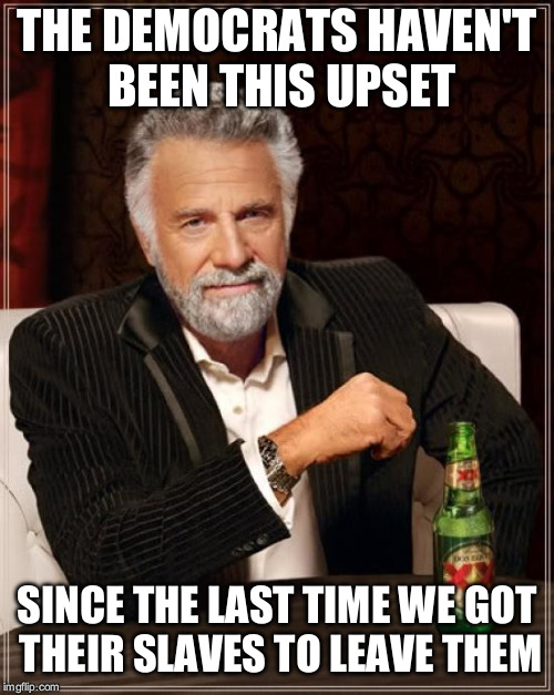 The Most Interesting Man In The World | THE DEMOCRATS HAVEN'T BEEN THIS UPSET; SINCE THE LAST TIME WE GOT THEIR SLAVES TO LEAVE THEM | image tagged in memes,the most interesting man in the world | made w/ Imgflip meme maker