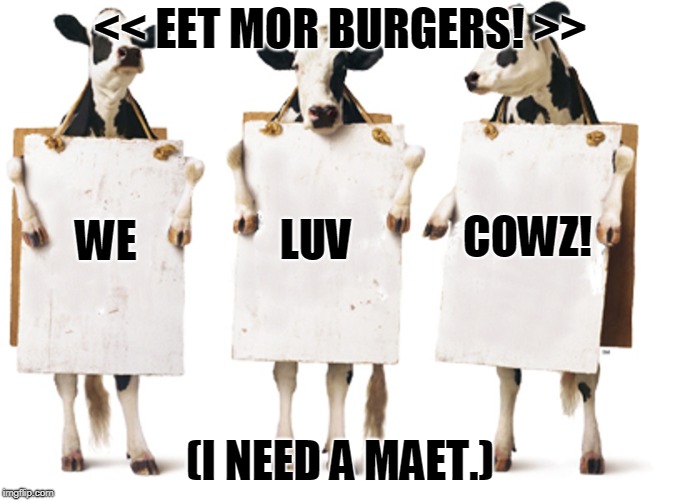 Chick-fil-A 3-cow billboard | << EET MOR BURGERS! >>; COWZ! WE; LUV; (I NEED A MAET.) | image tagged in chick-fil-a 3-cow billboard | made w/ Imgflip meme maker