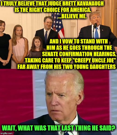 Trump announces his Supreme Court nominee... | I TRULY BELIEVE THAT JUDGE BRETT KAVANAUGH IS THE RIGHT CHOICE FOR AMERICA. ...BELIEVE ME. AND I VOW TO STAND WITH HIM AS HE GOES THROUGH THE SENATE CONFIRMATION HEARINGS, TAKING CARE TO KEEP "CREEPY UNCLE JOE"; FAR AWAY FROM HIS TWO YOUNG DAUGHTERS; WAIT, WHAT WAS THAT LAST THING HE SAID? | image tagged in trump,scotus,scrotus,creepy joe biden,phunny,funny memes | made w/ Imgflip meme maker