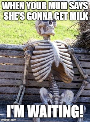 Waiting Skeleton Meme | WHEN YOUR MUM SAYS SHE'S GONNA GET MILK; I'M WAITING! | image tagged in memes,waiting skeleton | made w/ Imgflip meme maker