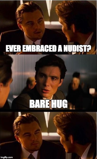 Inception | EVER EMBRACED A NUDIST? BARE HUG | image tagged in memes,inception | made w/ Imgflip meme maker
