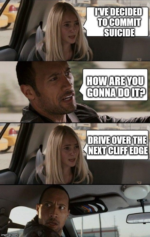 Rock Driving Longer | I'VE DECIDED TO COMMIT SUICIDE; HOW ARE YOU GONNA DO IT? DRIVE OVER THE NEXT CLIFF EDGE | image tagged in rock driving longer | made w/ Imgflip meme maker
