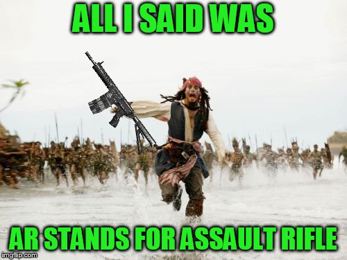 Jack Sparrow Being Chased | ALL I SAID WAS; AR STANDS FOR ASSAULT RIFLE | image tagged in memes,jack sparrow being chased | made w/ Imgflip meme maker