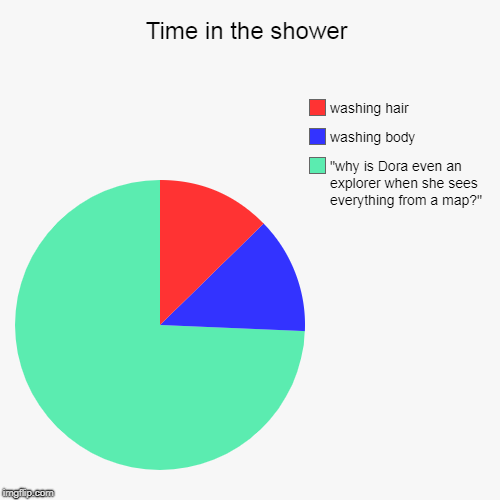 Time in the shower | "why is Dora even an explorer when she sees everything from a map?", washing body, washing hair | image tagged in funny,pie charts | made w/ Imgflip chart maker
