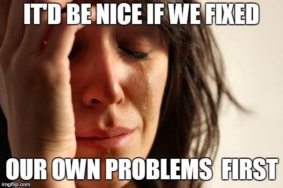 First World Problems Meme | IT'D BE NICE IF WE FIXED OUR OWN PROBLEMS  FIRST | image tagged in memes,first world problems | made w/ Imgflip meme maker