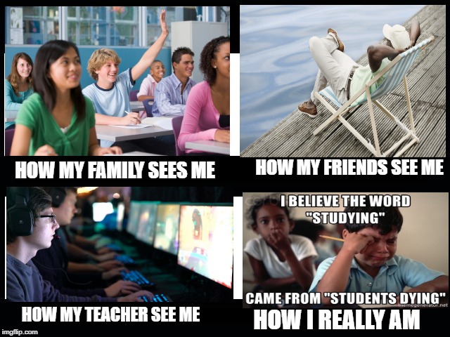 What I really do | HOW MY FRIENDS SEE ME; HOW MY FAMILY SEES ME; HOW MY TEACHER SEE ME; HOW I REALLY AM | image tagged in what i really do | made w/ Imgflip meme maker