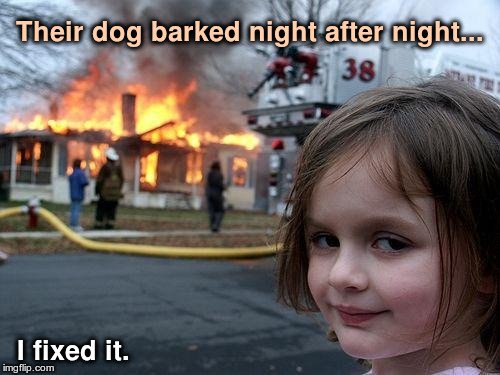 Disaster Girl Meme | Their dog barked night after night... I fixed it. | image tagged in memes,disaster girl | made w/ Imgflip meme maker