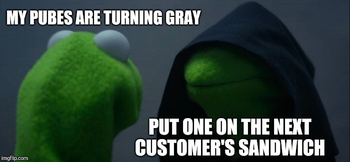 Evil Kermit Meme | MY PUBES ARE TURNING GRAY PUT ONE ON THE NEXT CUSTOMER'S SANDWICH | image tagged in memes,evil kermit | made w/ Imgflip meme maker