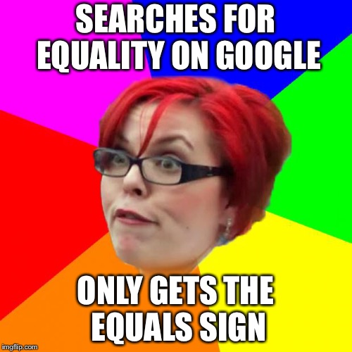 angry feminist | SEARCHES FOR EQUALITY ON GOOGLE; ONLY GETS THE EQUALS SIGN | image tagged in angry feminist,equality,equals sign,memes | made w/ Imgflip meme maker