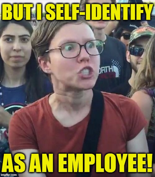 BUT I SELF-IDENTIFY AS AN EMPLOYEE! | image tagged in triggered | made w/ Imgflip meme maker