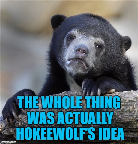 Confession Bear Meme | THE WHOLE THING WAS ACTUALLY HOKEEWOLF'S IDEA | image tagged in memes,confession bear | made w/ Imgflip meme maker