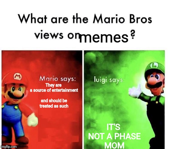 Mario Bros Views | memes; They are a source of entertainment and should be treated as such; IT'S NOT A PHASE MOM | image tagged in mario bros views | made w/ Imgflip meme maker