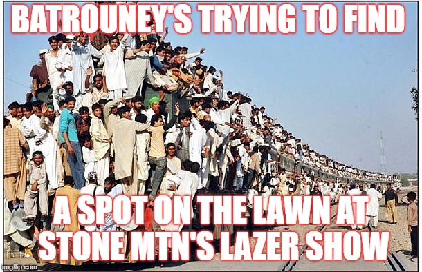 Crowded Train | BATROUNEY'S TRYING TO FIND; A SPOT ON THE LAWN AT STONE MTN'S LAZER SHOW | image tagged in crowded train | made w/ Imgflip meme maker
