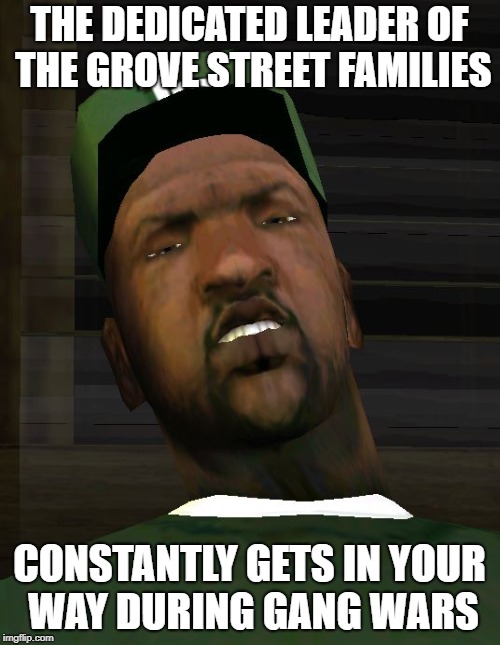  THE DEDICATED LEADER OF THE GROVE STREET FAMILIES; CONSTANTLY GETS IN YOUR WAY DURING GANG WARS | image tagged in sweet,gta sa,gta san andreas,grand theft auto,san andreas | made w/ Imgflip meme maker