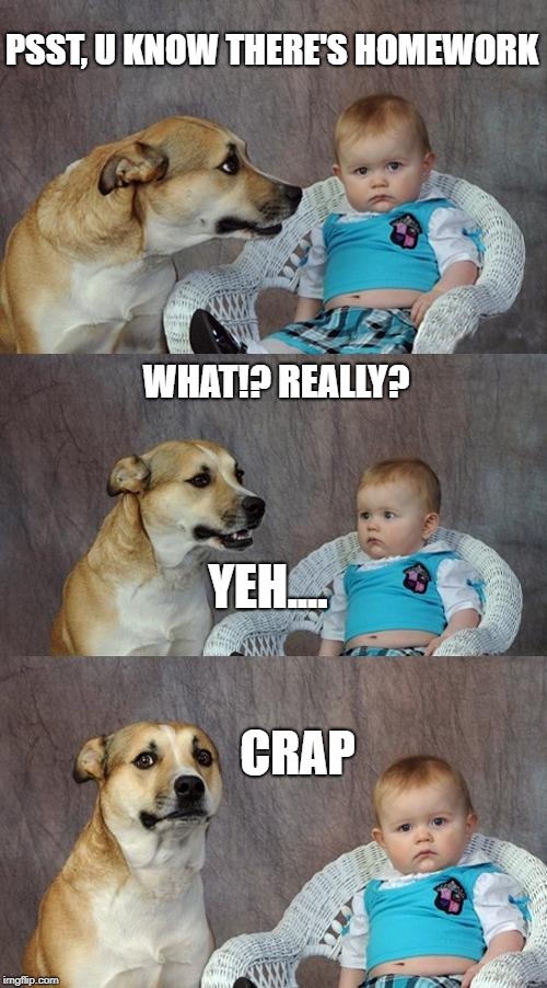Dad Joke Dog | PSST, U KNOW THERE'S HOMEWORK; WHAT!? REALLY? YEH.... CRAP | image tagged in memes,dad joke dog | made w/ Imgflip meme maker