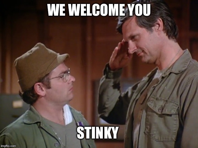 Hawkeye salutes Radar | WE WELCOME YOU STINKY | image tagged in hawkeye salutes radar | made w/ Imgflip meme maker