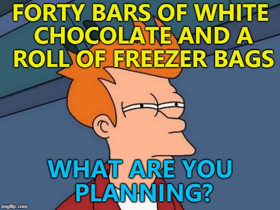 Maybe freezing forty bars of white chocolate... :) | FORTY BARS OF WHITE CHOCOLATE AND A ROLL OF FREEZER BAGS; WHAT ARE YOU PLANNING? | image tagged in memes,futurama fry,white chocolate,shopping | made w/ Imgflip meme maker