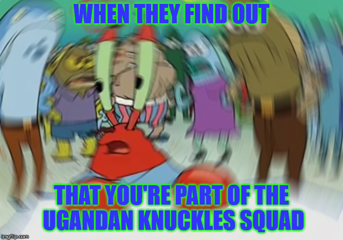 Mr Krabs Blur Meme Meme | WHEN THEY FIND OUT; THAT YOU'RE PART OF THE UGANDAN KNUCKLES SQUAD | image tagged in memes,mr krabs blur meme | made w/ Imgflip meme maker