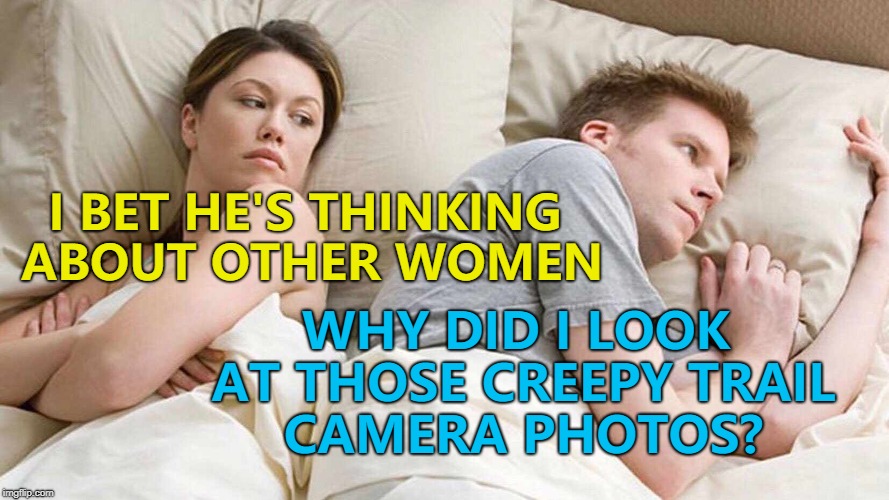 Trail cameras are usually left in woods to photo wildlife without the interference of people. Some capture weird stuff. | WHY DID I LOOK AT THOSE CREEPY TRAIL CAMERA PHOTOS? I BET HE'S THINKING ABOUT OTHER WOMEN | image tagged in i bet he's thinking about other women,memes,trail cameras,wildlife,aliens | made w/ Imgflip meme maker
