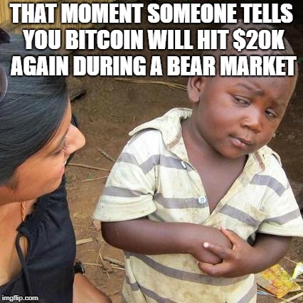 Third World Skeptical Kid Meme | THAT MOMENT SOMEONE TELLS YOU BITCOIN WILL HIT $20K AGAIN DURING A BEAR MARKET | image tagged in memes,third world skeptical kid | made w/ Imgflip meme maker