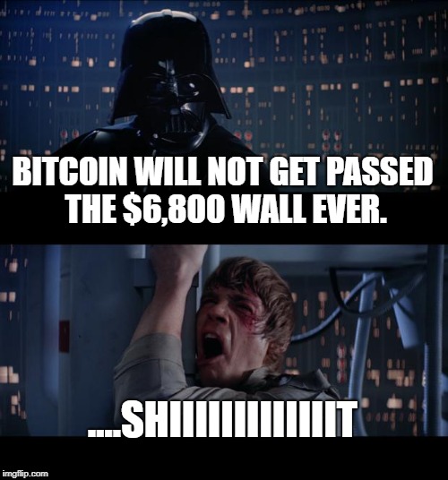 Star Wars No Meme | BITCOIN WILL NOT GET PASSED THE $6,800 WALL EVER. ....SHIIIIIIIIIIIIIT | image tagged in memes,star wars no | made w/ Imgflip meme maker