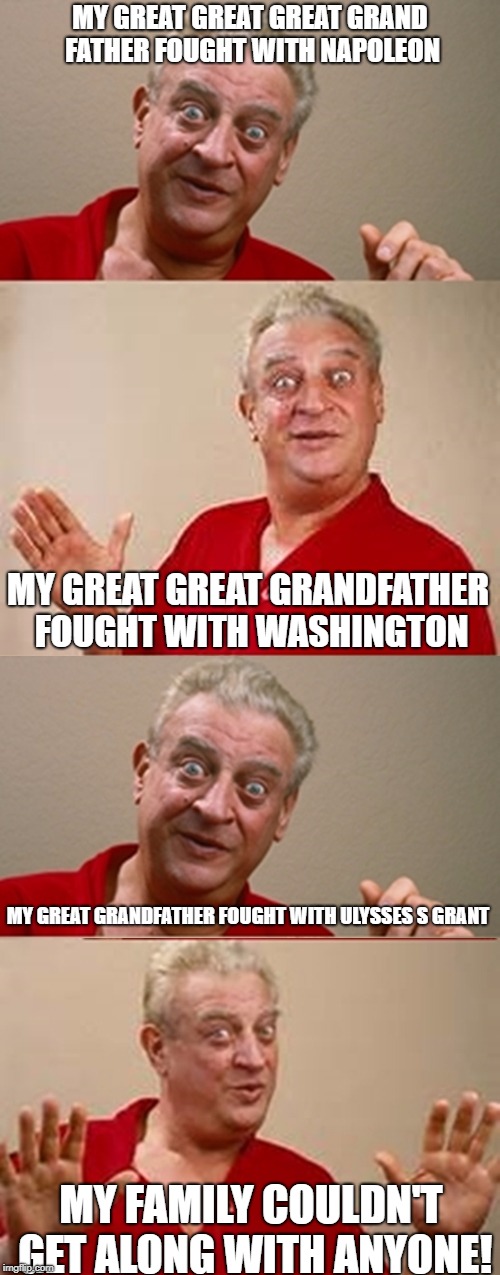 Rodney | MY GREAT GREAT GREAT GRAND FATHER FOUGHT WITH NAPOLEON; MY GREAT GREAT GRANDFATHER FOUGHT WITH WASHINGTON; MY GREAT GRANDFATHER FOUGHT WITH ULYSSES S GRANT; MY FAMILY COULDN'T GET ALONG WITH ANYONE! | image tagged in rodney | made w/ Imgflip meme maker