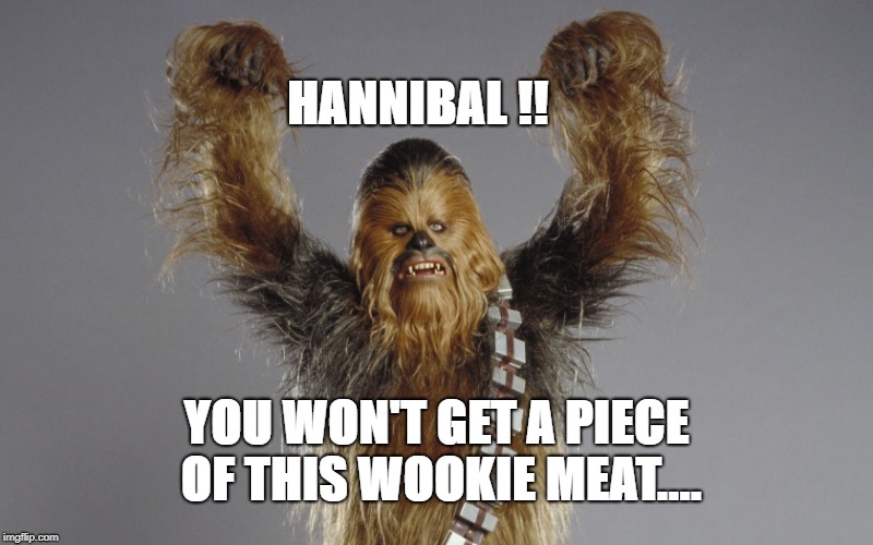 Chewie's Meat, ain't for eating
 | HANNIBAL !! YOU WON'T GET A PIECE OF THIS WOOKIE MEAT.... | image tagged in chewbacca,hannibal lecter,silence of the lambs,chewie meat | made w/ Imgflip meme maker