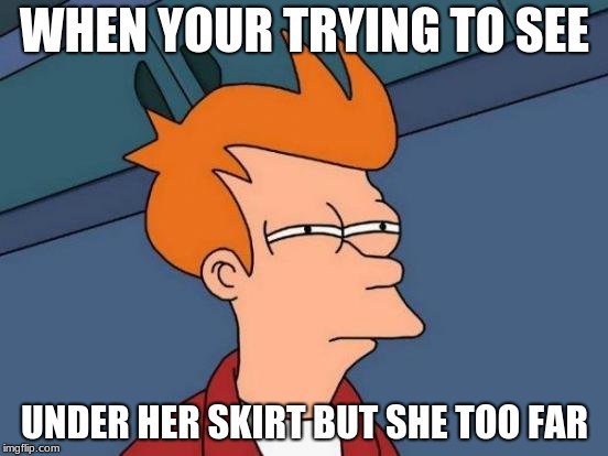 Futurama Fry | WHEN YOUR TRYING TO SEE; UNDER HER SKIRT BUT SHE TOO FAR | image tagged in memes,futurama fry | made w/ Imgflip meme maker