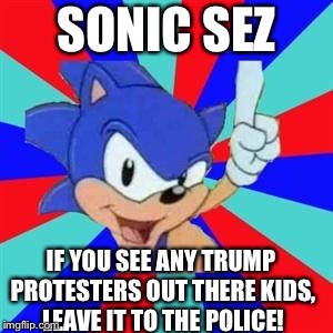 Sonic Sez Don't Be a  Disgrace to Your Country Kids! | SONIC SEZ; IF YOU SEE ANY TRUMP PROTESTERS OUT THERE KIDS, LEAVE IT TO THE POLICE! | image tagged in sonic sez,trump,trump protestors,protesters | made w/ Imgflip meme maker