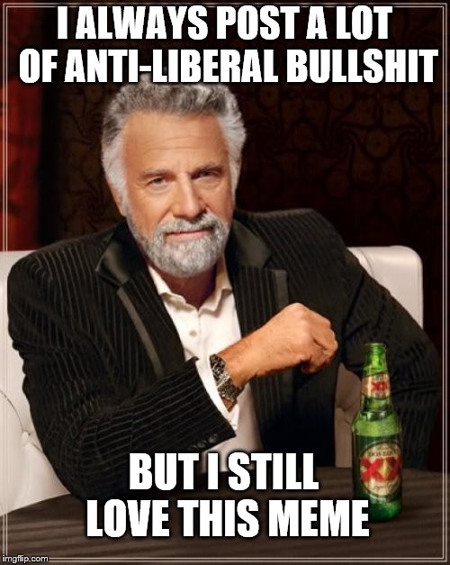 The Most Interesting Man In The World Meme | I ALWAYS POST A LOT OF ANTI-LIBERAL BULLSHIT BUT I STILL LOVE THIS MEME | image tagged in memes,the most interesting man in the world | made w/ Imgflip meme maker