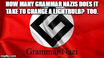 HOW MANY GRAMMAR NAZIS DOES IT TAKE TO CHANGE A LIGHTBULB?

TOO. | image tagged in grammar nazi | made w/ Imgflip meme maker